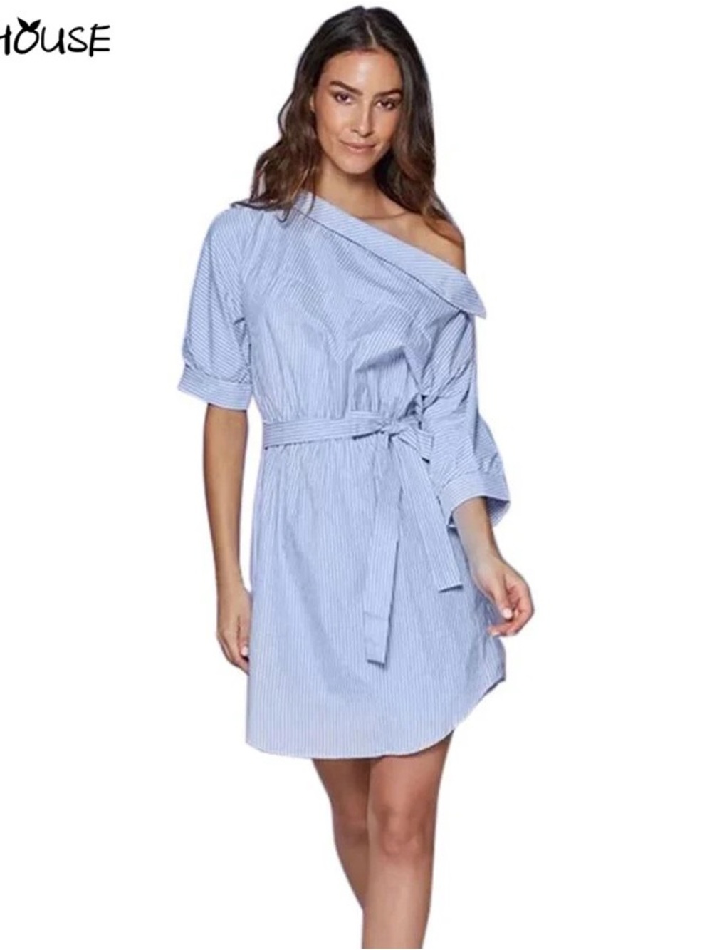 House Blue Striped Half Sleeve Off Shoulder Shirt Dress